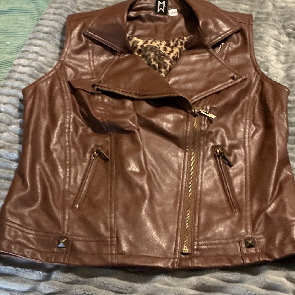 Marc Bouwer Brown Faux Leather Moto Vest with Leopard Lining